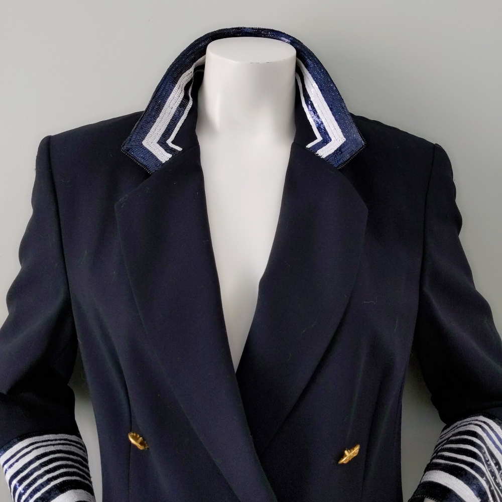Vtg 80s Escada Sequin Collar Cuff Naval Blazer 38 - Picture 2 of 8